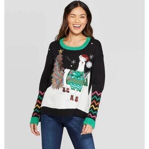 33 Degrees Womens 3D Fuzzy Llama Ugly Black Christmas Sweater  Size Large